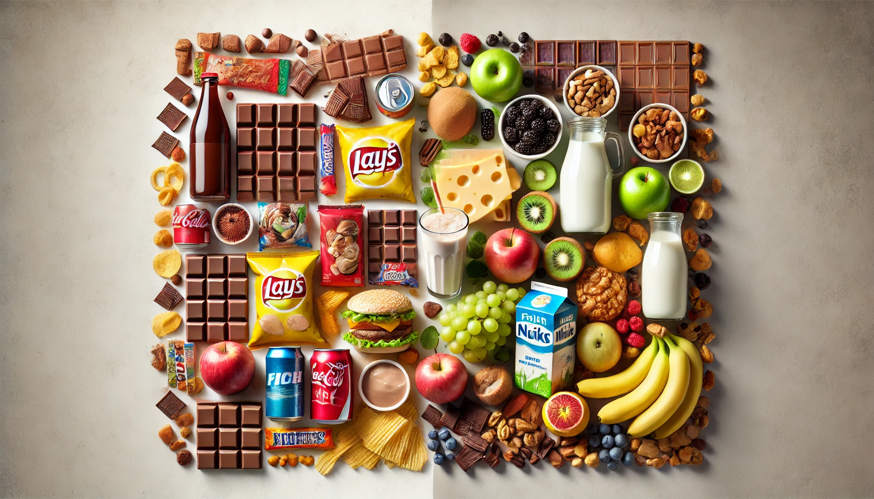 DALL·E 2024-12-27 21.48.28 - A split-image design showing a stark contrast between unhealthy and healthy food choices. The left side of the image depicts unhealthy snacks such as