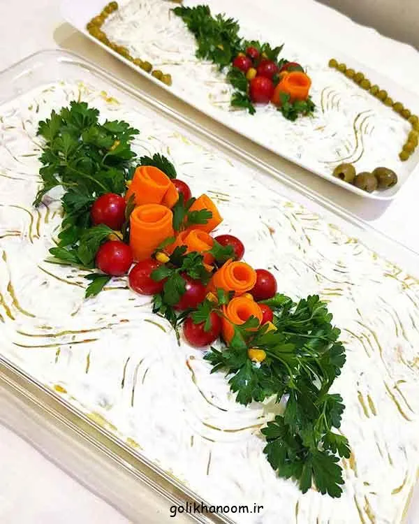 تصویر مرتبط با ایدههای متنوع و شیک برای تزیین سالاد الویه در مراسمهای مختلف