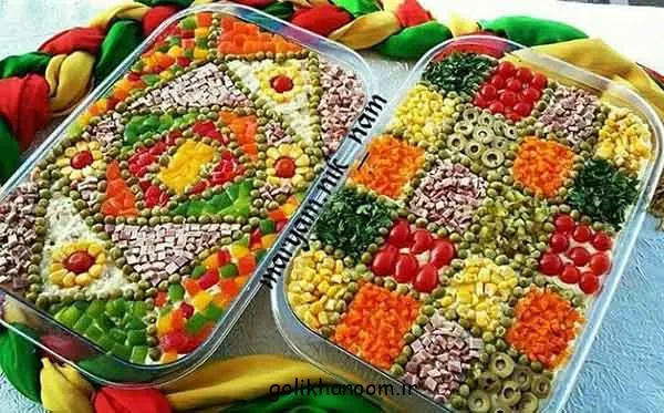 تصویر مرتبط با ایدههای متنوع و شیک برای تزیین سالاد الویه در مراسمهای مختلف