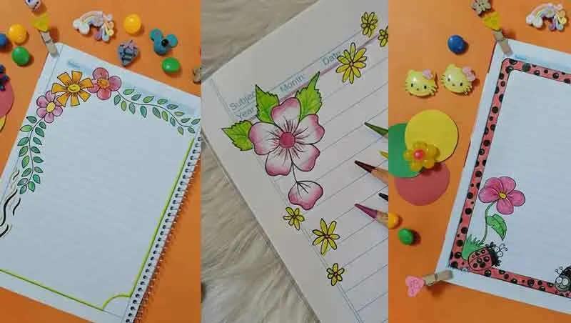حاشیه تزیین دفتر مشق با نقاشی گل ساده و رنگارنگ