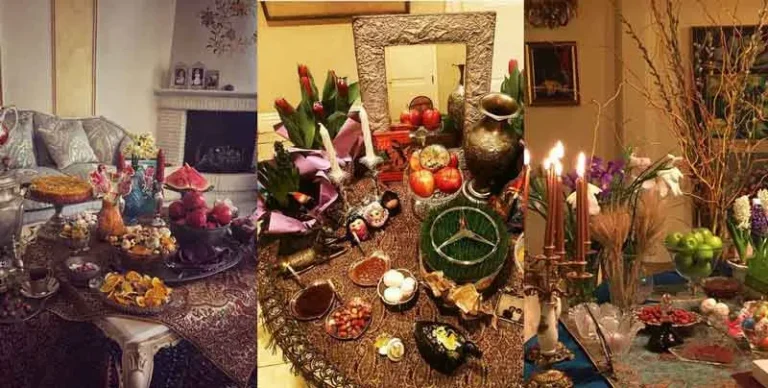 چیدمان سفره هفت سین سنتی با ظروف مسی و چوبی قدیمی