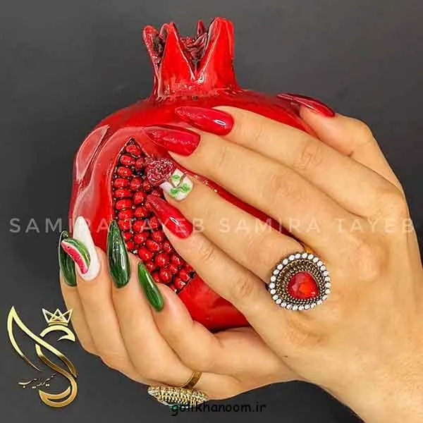 طراحی ناخن با تم هندوانهای و اناری برای شب یلدا