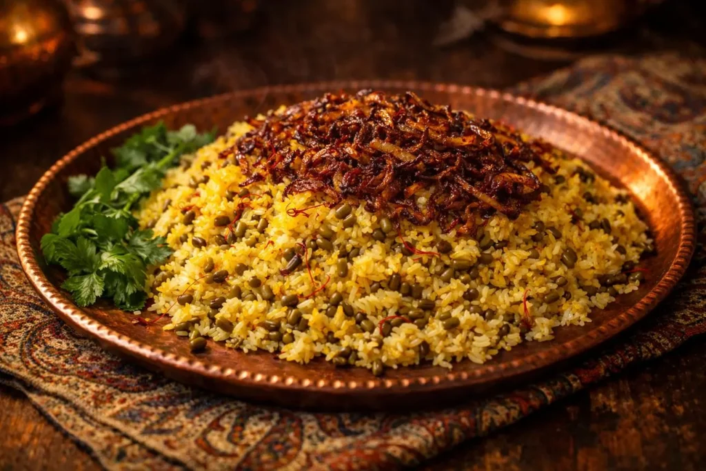 ماش پلو خوشمزه با پیاز داغ و زعفران