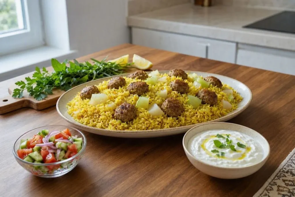 قنبیدپلو سرو شده همراه با سبزی خوردن و ماست
