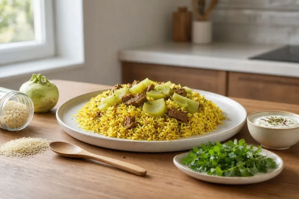 دم‌گذاری قنبیدپلو در قابلمه با زعفران
