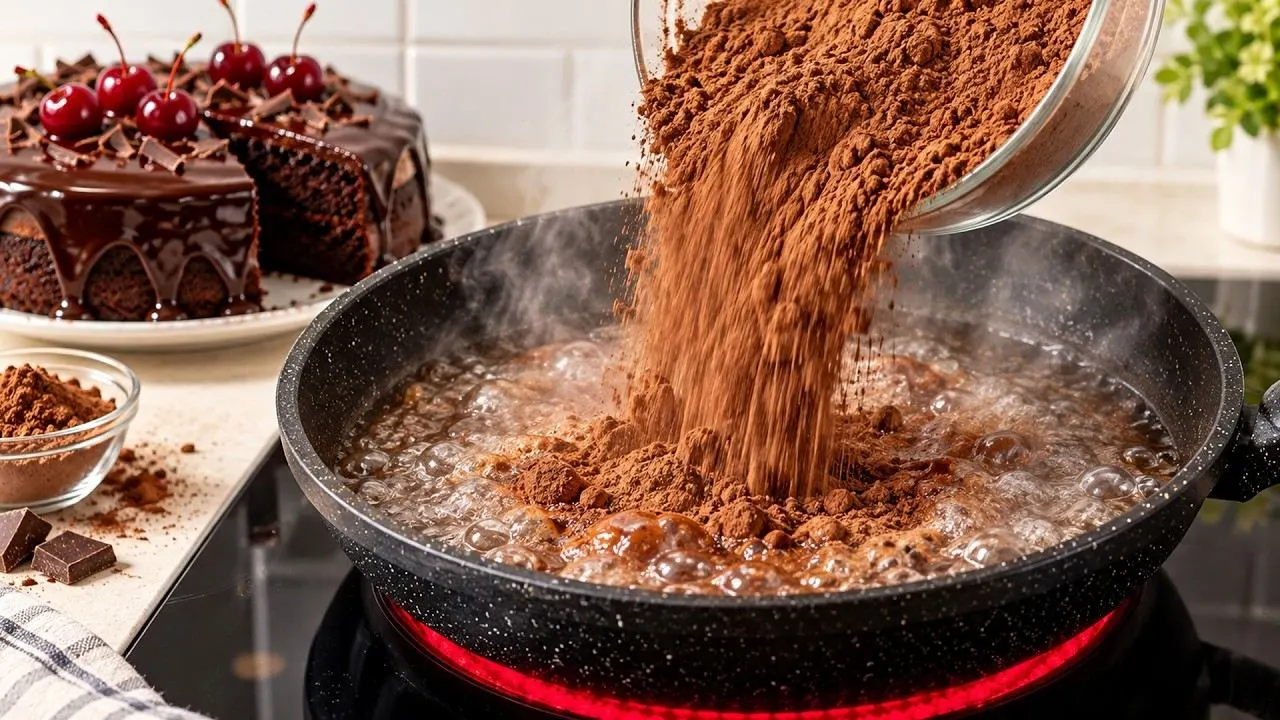 کیک شکلاتی خیس با آلبالو و گاناش شکلاتی روی آن