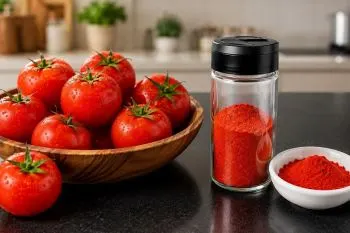 روش تهیه پودر گوجه فرنگی؛؛ ظرف شیشه‌ای حاوی پودر گوجه فرنگی خانگی خو