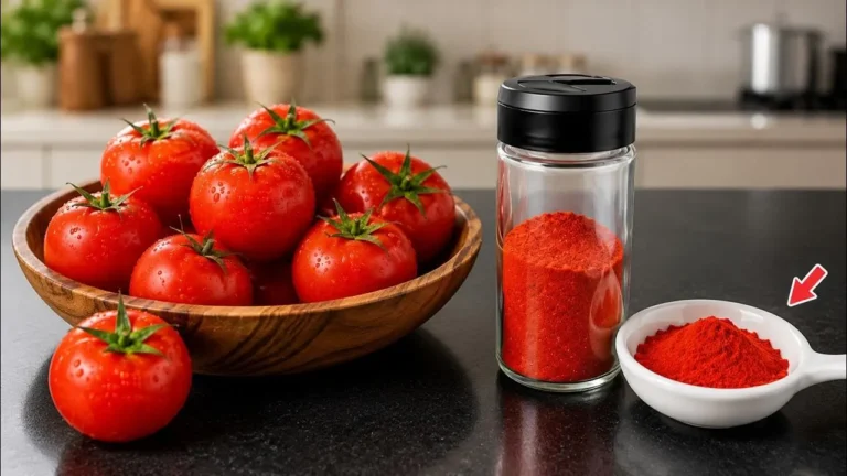 روش تهیه پودر گوجه فرنگی؛؛ ظرف شیشه‌ای حاوی پودر گوجه فرنگی خانگی خو