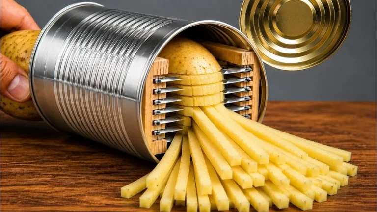 دستگاه خلال کن سیب زمینی ساخته شده با قوطی حلبی و چوب