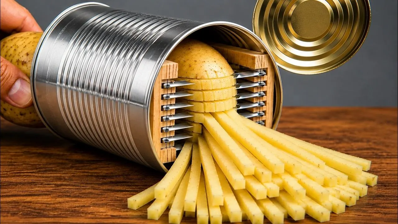 دستگاه خلال کن سیب زمینی ساخته شده با قوطی حلبی و چوب