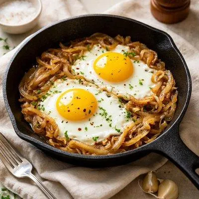 پیاز خلالی طلایی شده در تابه برای تهیه نیمرو
