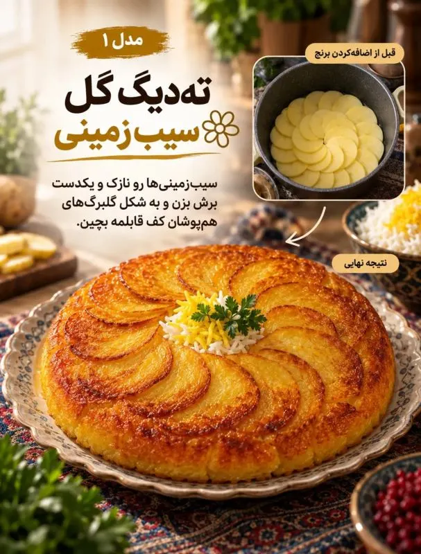 ته دیگ تزیین شده با برش‌های گل سیب‌زمینی