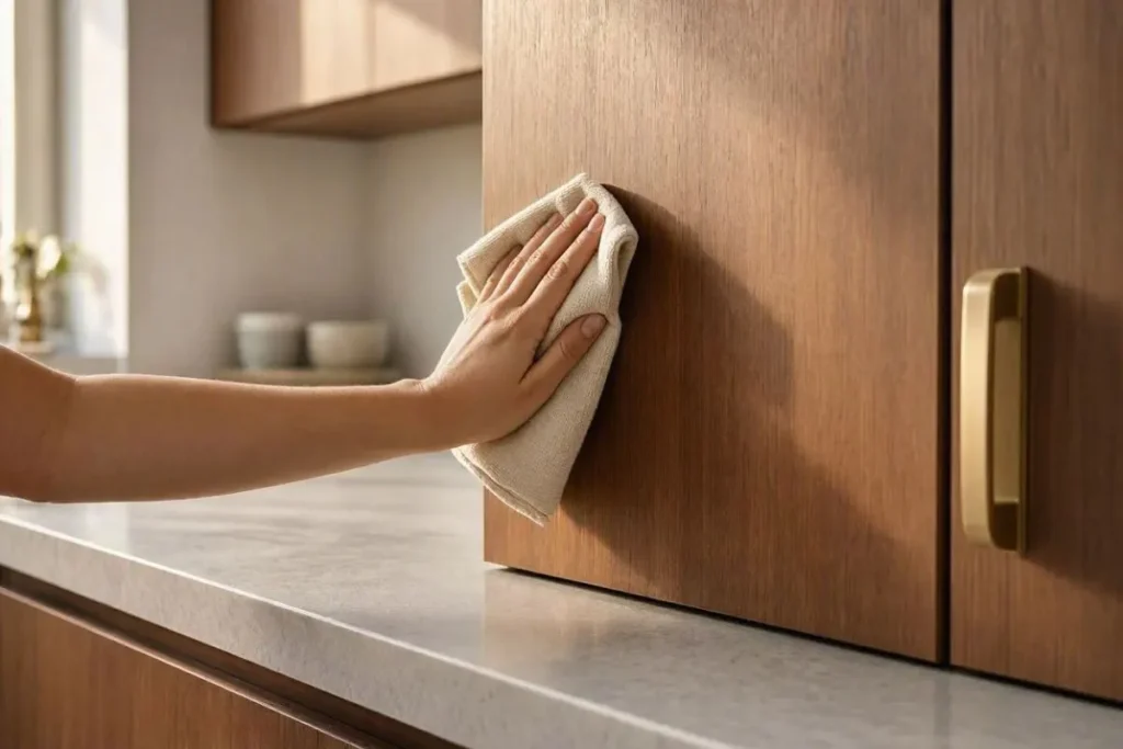 خشک کردن سطح کابینت با دستمال نرم
