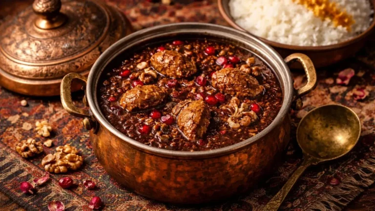 خورشت فسنجان با مرغ در قابلمه با رنگ تیره و لعاب دار