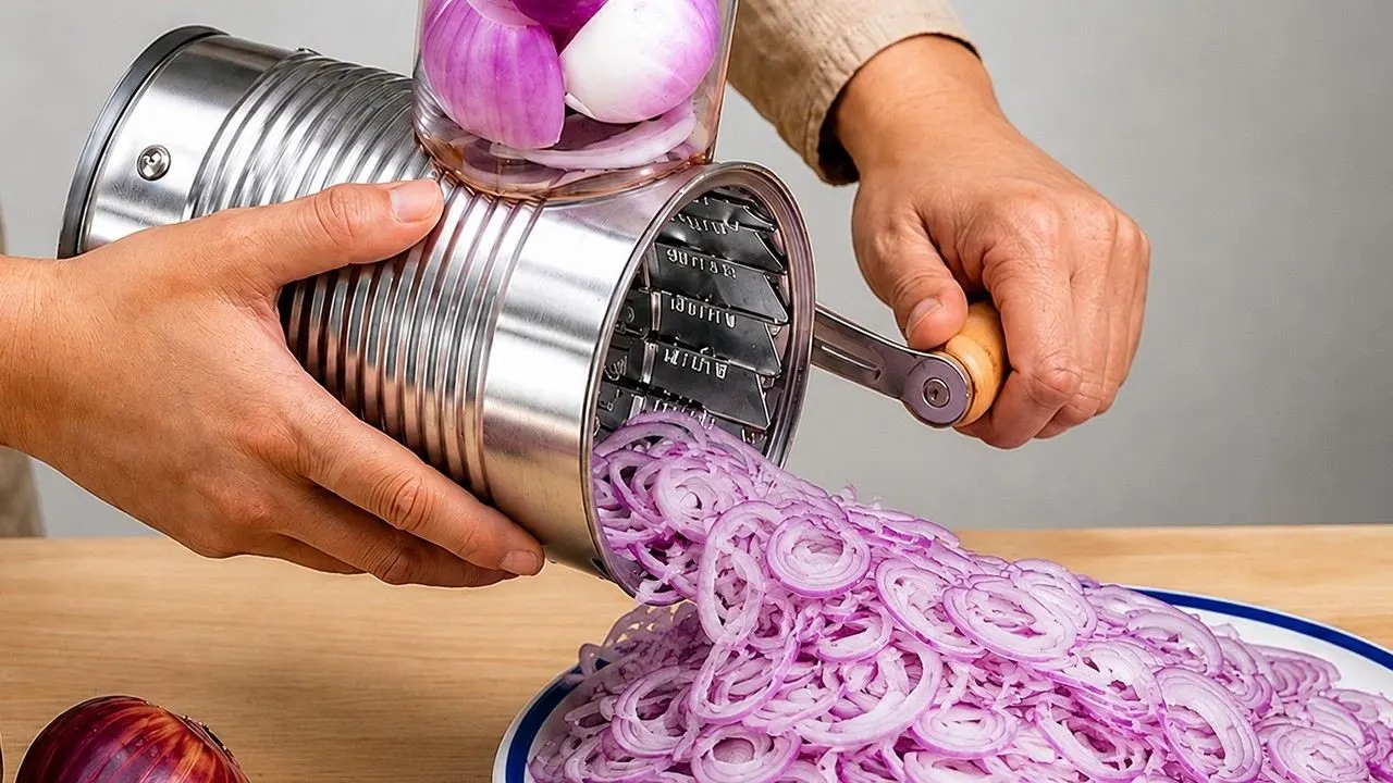 خردکن سریع پیاز؛ ابزار خردکن پیاز دست ساز با قوطی کنسرو و دسته چوبی