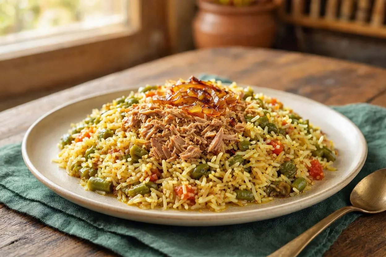 طرز تهیه لوبیاپلو با تن ماهی؛ تصویر لوبیاپلو با تن ماهی، غذایی سریع و
