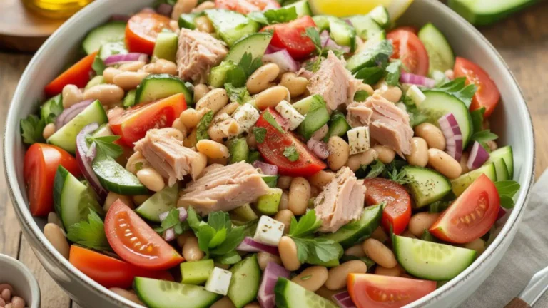سالاد تن ماهی با لوبیا چشم بلبلی در ظرف سفید با تزئین جعفری و لیموترش