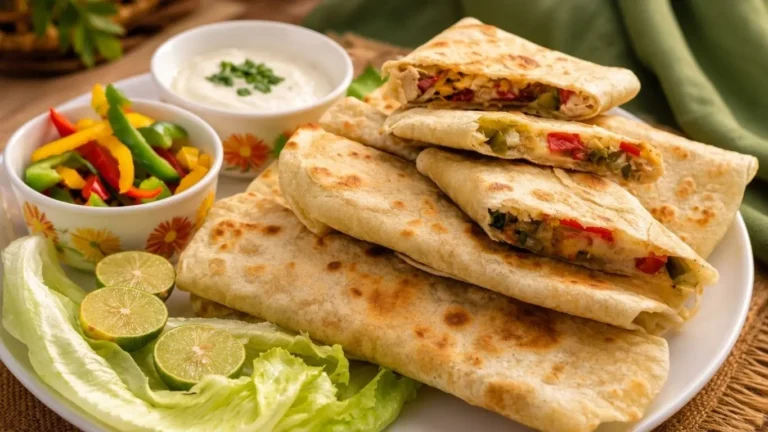 رپ مرغ خانگی پیچیده شده در نان تورتیلا با سبزیجات و پنیر موزارلا