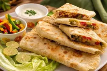 رپ مرغ خانگی پیچیده شده در نان تورتیلا با سبزیجات و پنیر موزارلا