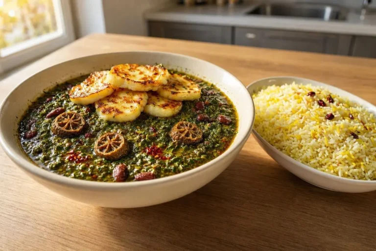 خورشت قورمه سبزی با پنیر کبابی هالومی برشته و طلایی