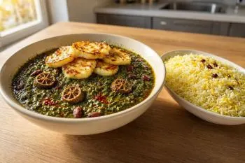 خورشت قورمه سبزی با پنیر کبابی هالومی برشته و طلایی