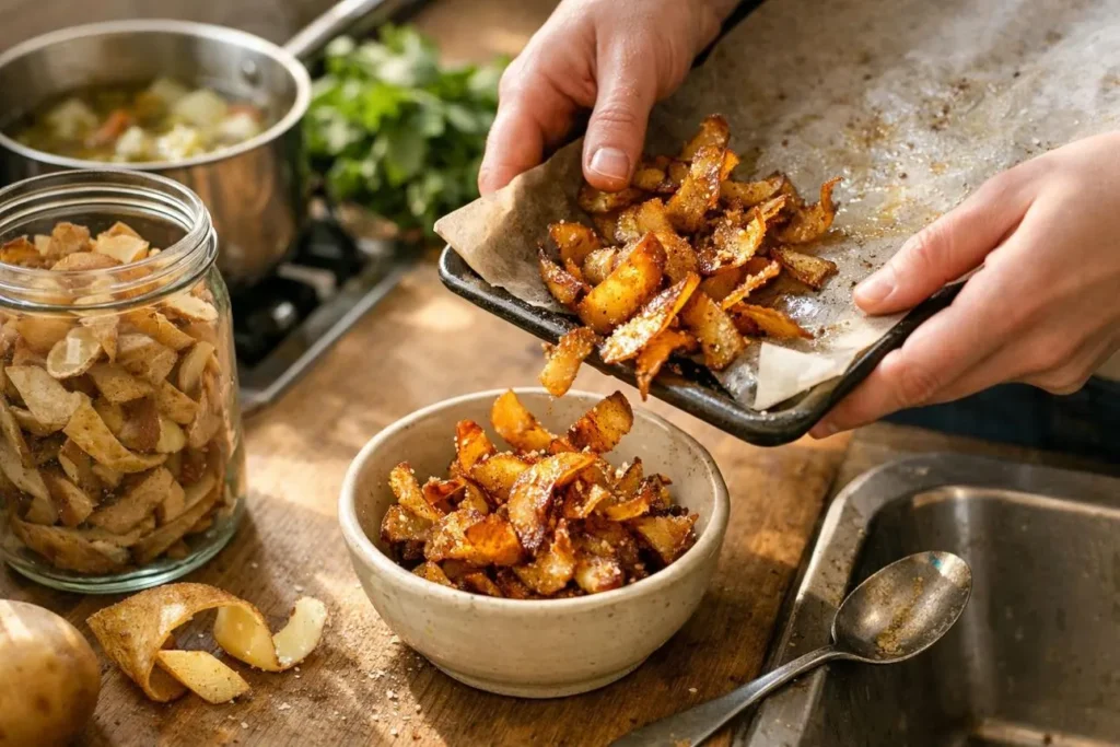 تصویر مرتبط با چگونه چیپس ترد و خوش‌طعم از پوست سیب‌زمینی و هویج درست کنیم