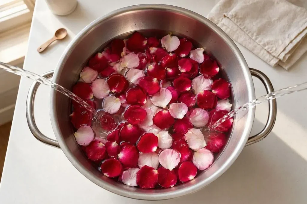 مراحل تهیه گلاب طبیعی با گل محمدی تازه در قابلمه