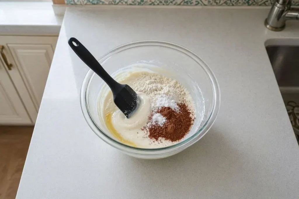 مواد لازم کیک خیس شامل تخم مرغ، شیر، روغن، شکر، آرد، بیکینگ پودر و پودر کاکائو