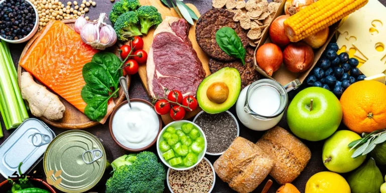 تأثیر پروتئین و فیبر در؛ نمای بالا از انواع مواد غذایی مغذی شامل سالمون، تخم‌مرغ، آووکادو، ماست، عدس، سبزیجات و میوه‌ها که من