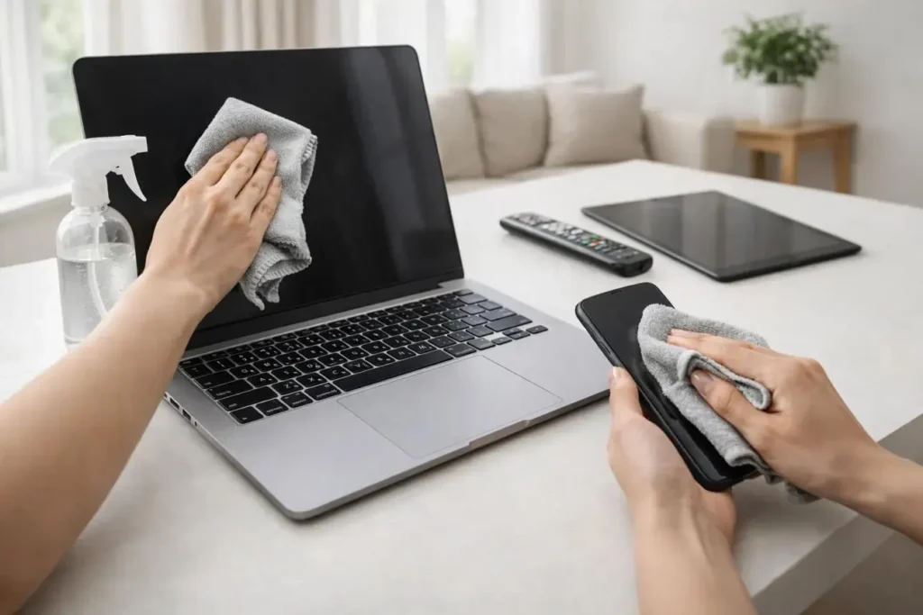 تمیز کردن کیبورد لپ تاپ با دستمال مرطوب و نرم