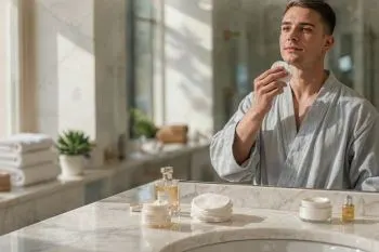 مراقبت از پوست مردان پس؛ مردی در حال مراقبت از پوست صورت پس از اصلاح