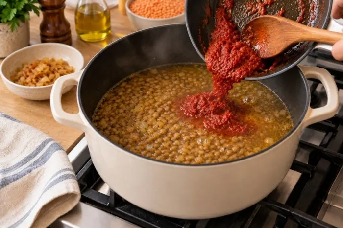 روش پخت عدسی به سبک رستورانی با رب سرخ‌شده