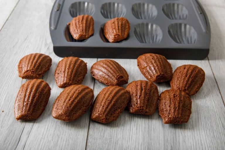 شیرینی مادلین شکلاتی با بافت نرم و پوسته براق شکلاتی