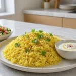 طرز تهیه پلو زردچوبه؛ تصویری از پلو زردچوبه با رنگ طلایی و برگ بو