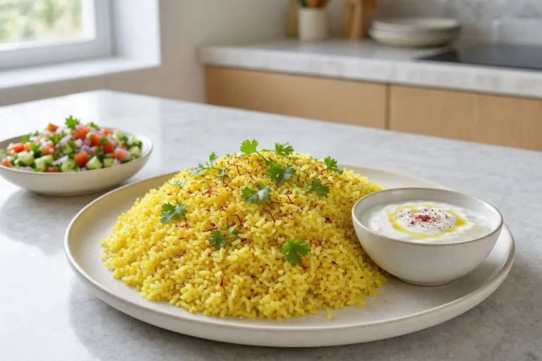 طرز تهیه پلو زردچوبه؛ تصویری از پلو زردچوبه با رنگ طلایی و برگ بو