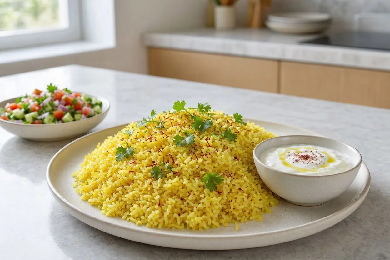 طرز تهیه پلو زردچوبه؛ تصویری از پلو زردچوبه با رنگ طلایی و برگ بو