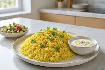 طرز تهیه پلو زردچوبه؛ تصویری از پلو زردچوبه با رنگ طلایی و برگ بو