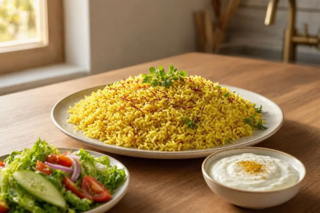 مواد اولیه شامل برنج، زردچوبه، کره و برگ بو