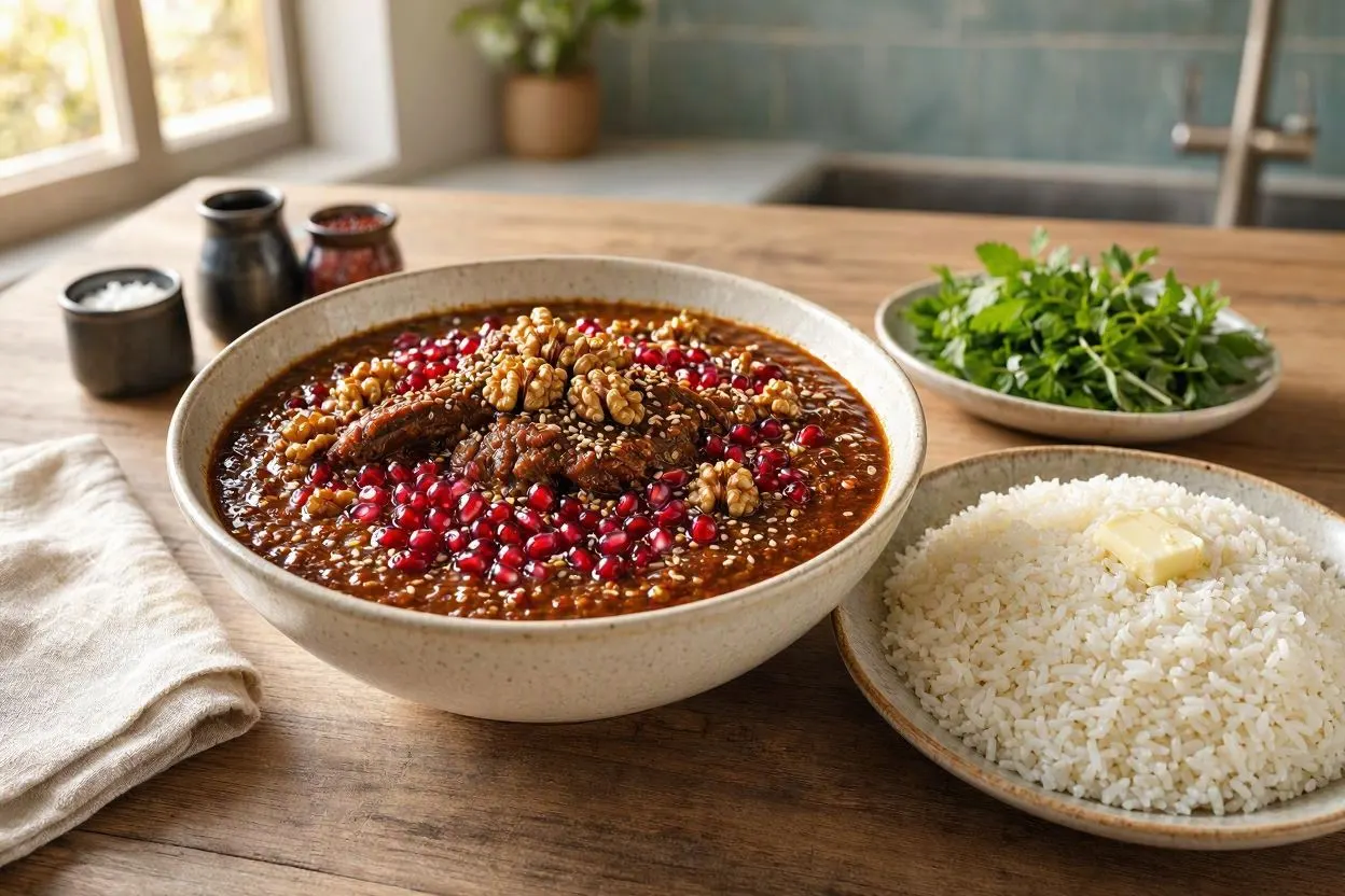 تصویر شیشه ناز ساروی، غذای محلی مازندرانی با ترکیب گوشت، گردو، کنجد و انار