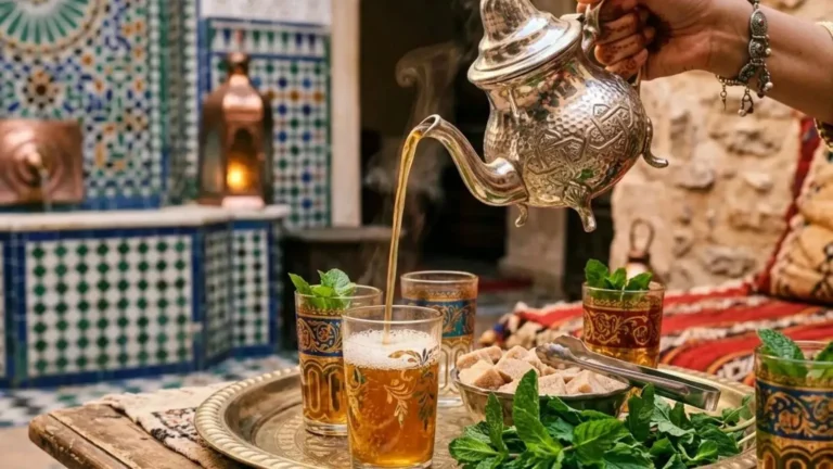 فنجان چای مراکشی با نعناع تازه و کف ظریف روی سطح چای