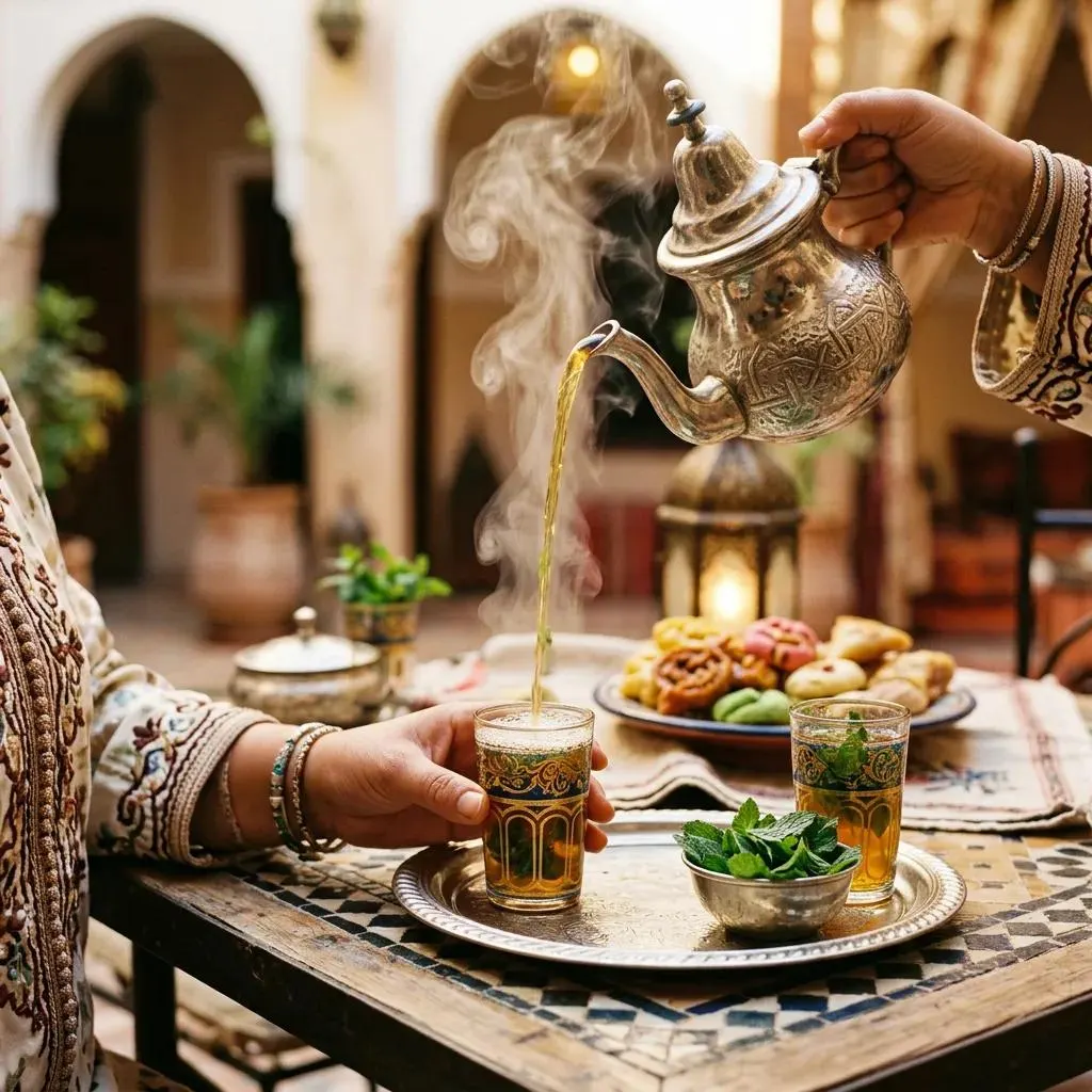 لیوان‌های کوچک شیشه‌ای حاوی چای مراکشی با کف ظریف
