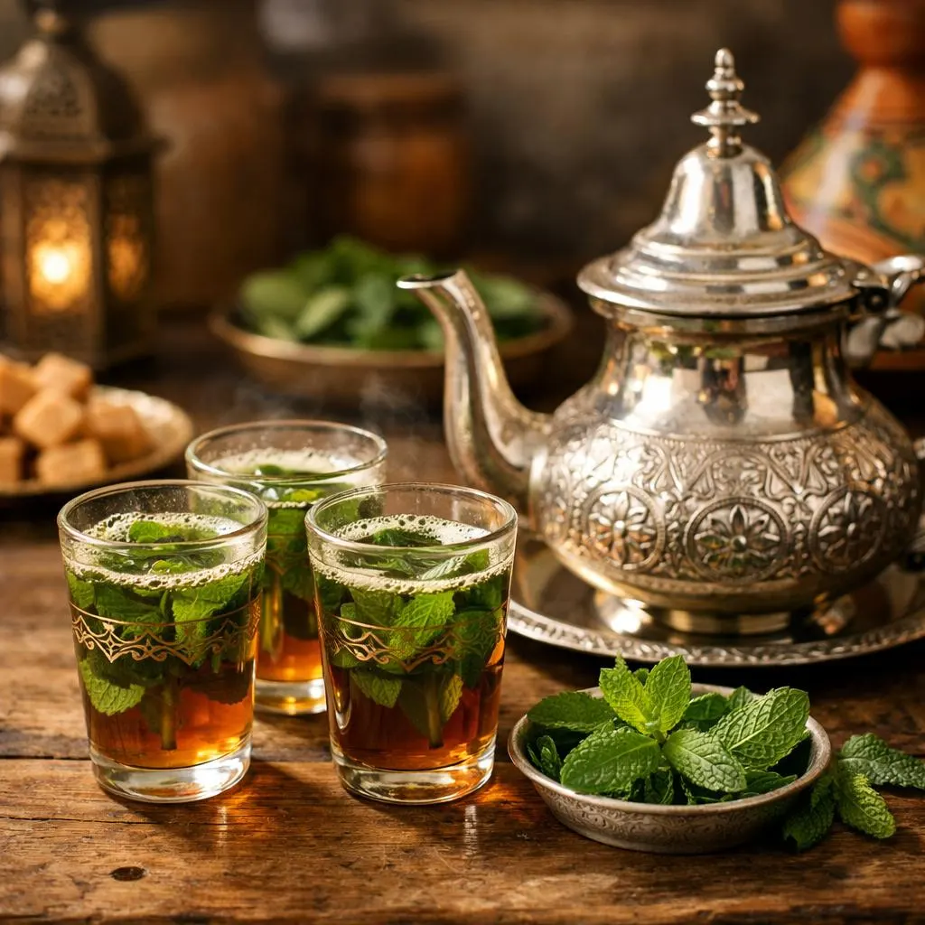 قوری چای سنتی مراکشی حاوی چای سبز و نعناع تازه