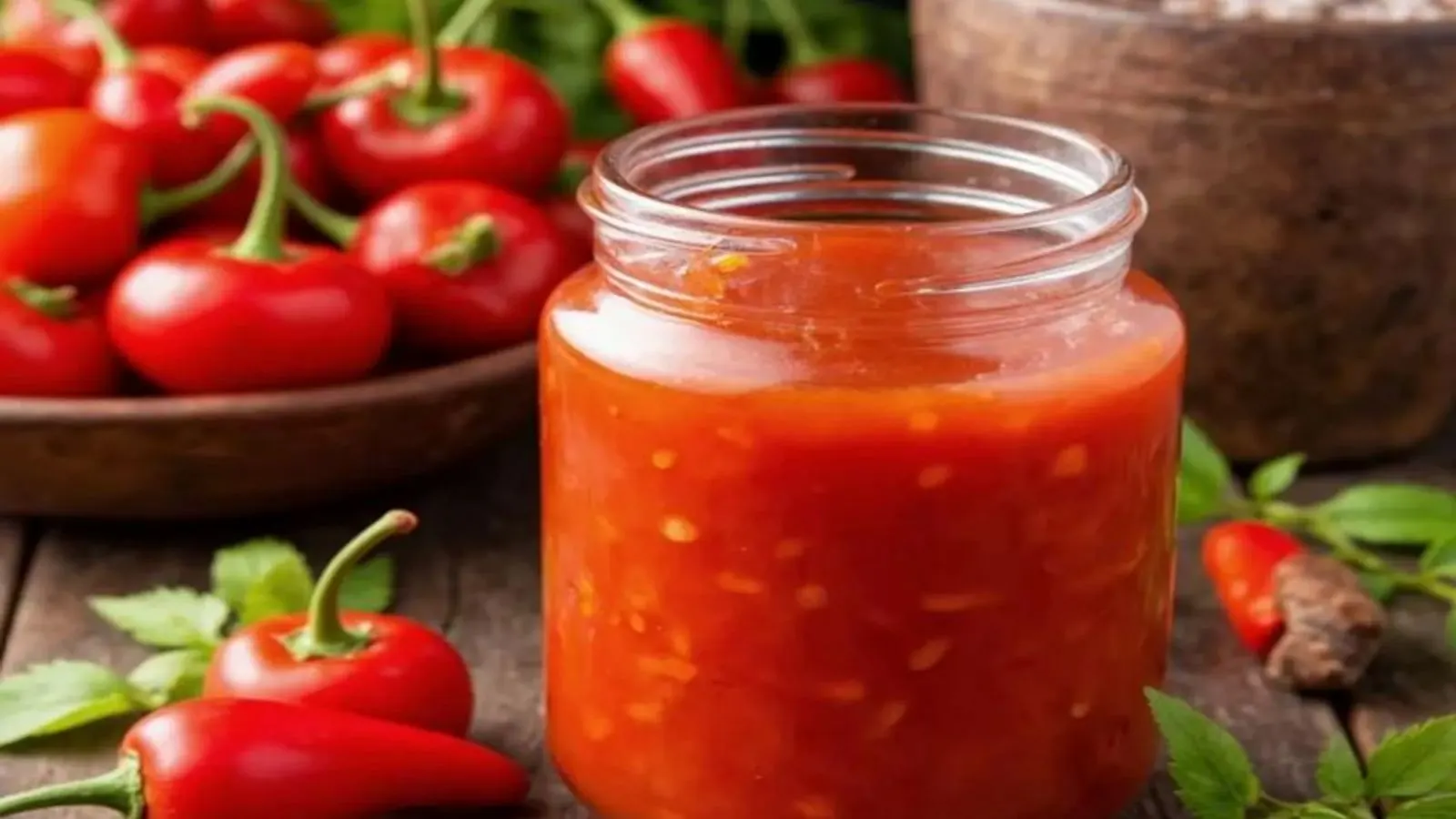 تصویر سس تند و شیرین تایلندی با رنگ قرمز براق کنار مرغ سوخاری و میگو