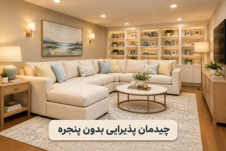 چیدمان پذیرایی مستطیل و مربع؛ پذیرایی مستطیل کوچک بدون پنجره با دکور
