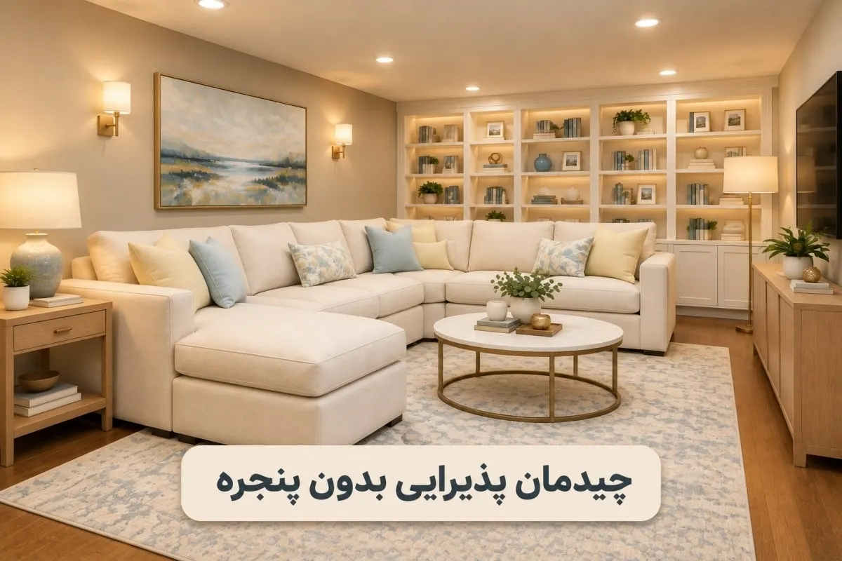 چیدمان پذیرایی مستطیل و مربع؛ پذیرایی مستطیل کوچک بدون پنجره با دکور