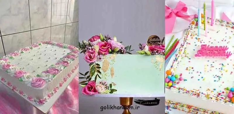 تزیین کیک مستطیلی؛ کیک مستطیلی تزئین شده با گل‌های رنگارنگ و شکلات