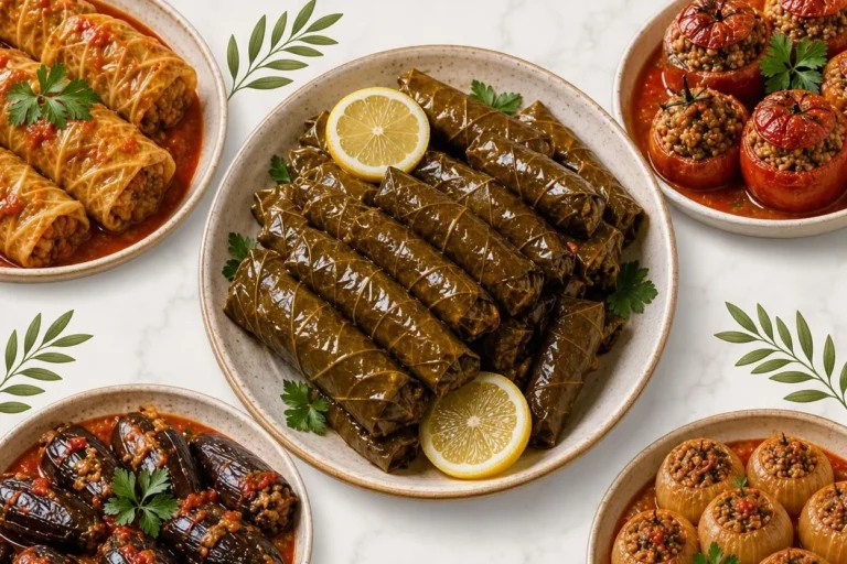 طرز تهیه ۵ مدل دلمه؛ تصویری از پنج مدل دلمه اصیل ایرانی با برگ مو، کلم