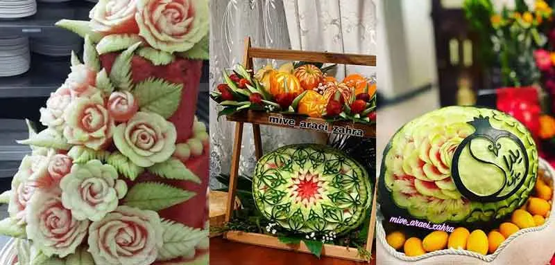 تزیین هندوانه برای شب یلدا؛ هندوانه تزیین شده با حکاکی و طرح‌های زیب