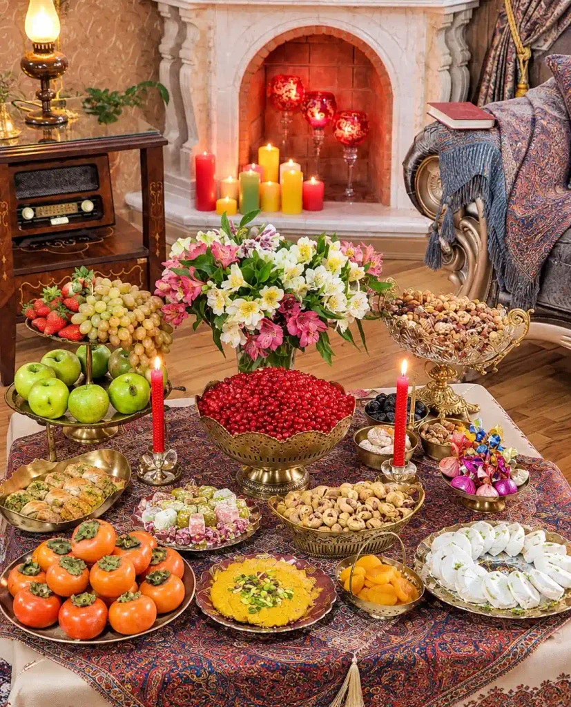تزیین سفره یلدا با پارچه ترمه