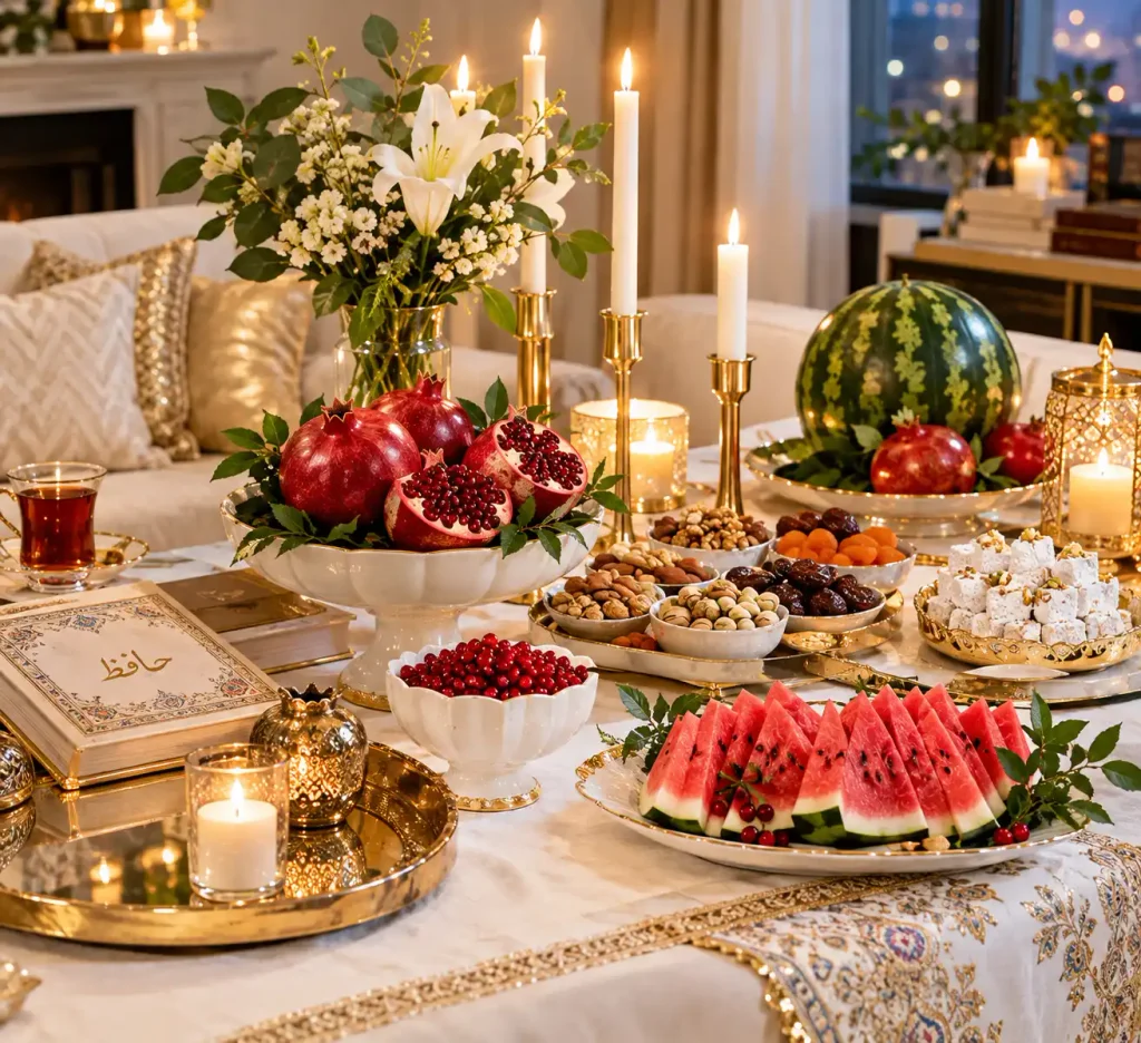 تزیین شب یلدا با رنگ‌های سفید و طلایی